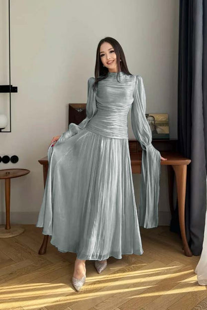 Playful Blue High-Neck Prom Dress Long Sleeves Pleated Floor Length CY0252