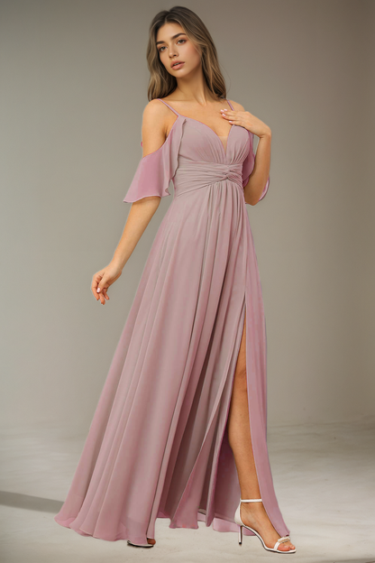 Flowing Straps Sleeveless Bridesmaid Dresses Floor Length with Split CK01