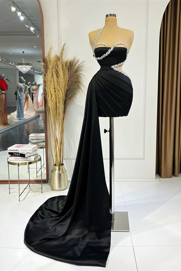 Hellodresses Black One Shoulder Sleeveless Short Homecoming Dress Pleated With Ruffles