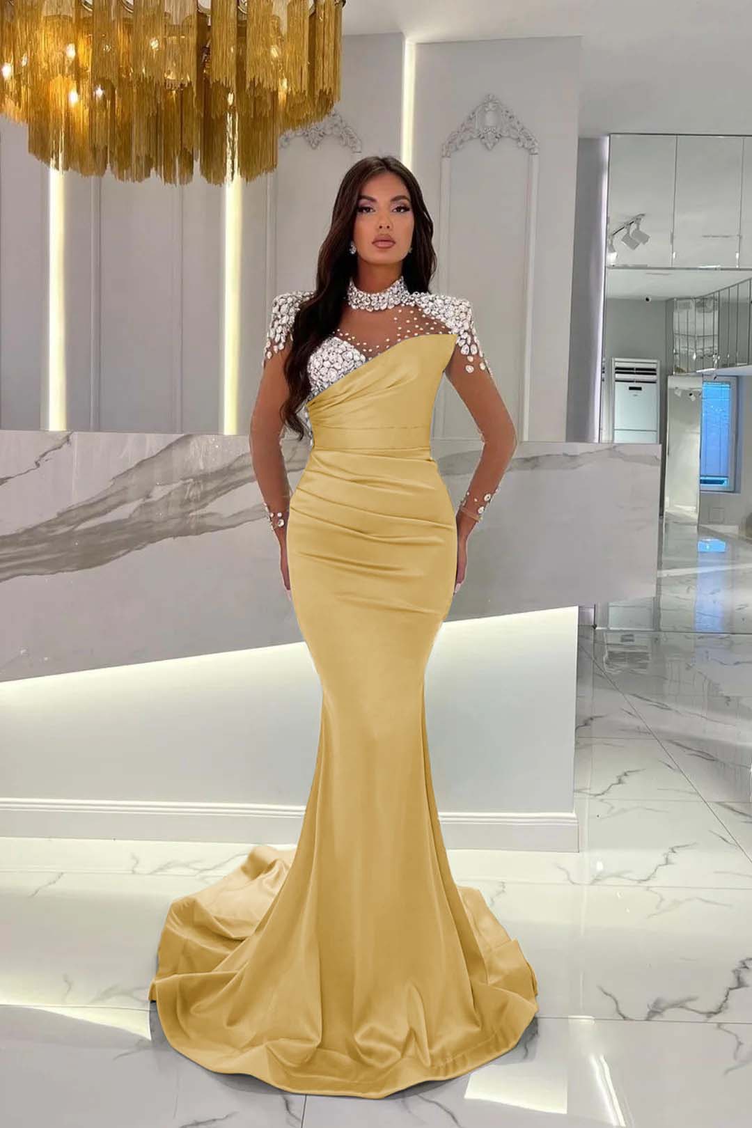 Charmeuse Dusty Blue Prom Dress Long Mermaid Tulle With Beadings YL0259