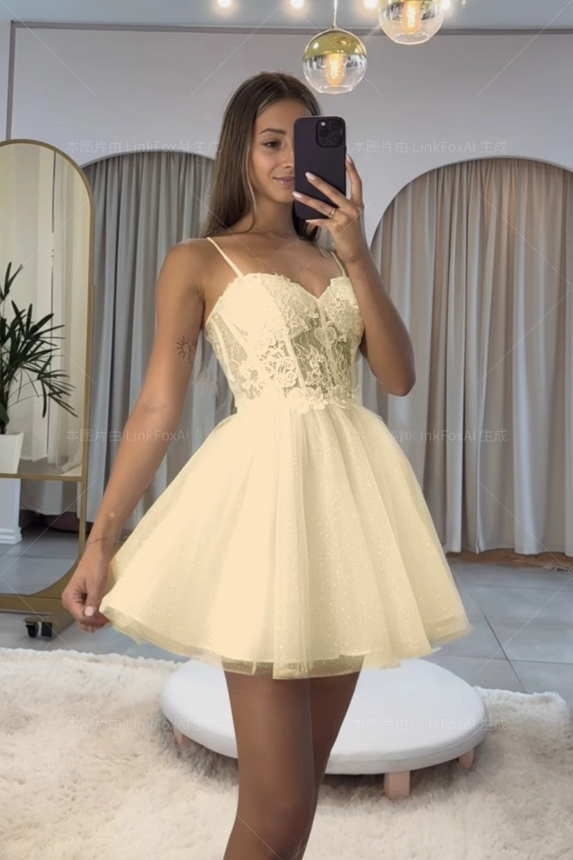 Dark Navy Spaghetti Strap Sleeveless Short A-Line Homecoming Dress With Appliques