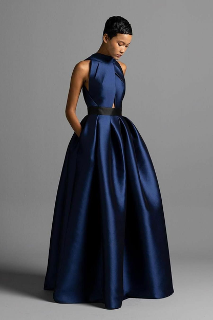 Exquisite Royal Blue Satin Halter Strapless Sleeveless A Line Prom Dress with Pleated | Zelldresses