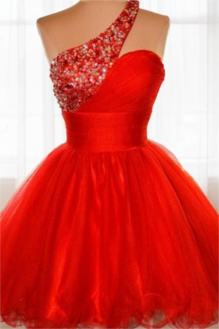 Chic Red One Shoulder Sleeveless A Line Homecoming Dress With Beadings HC0045