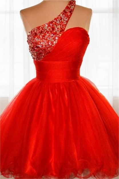 Chic Red One Shoulder Sleeveless A Line Homecoming Dress With Beadings HC0045
