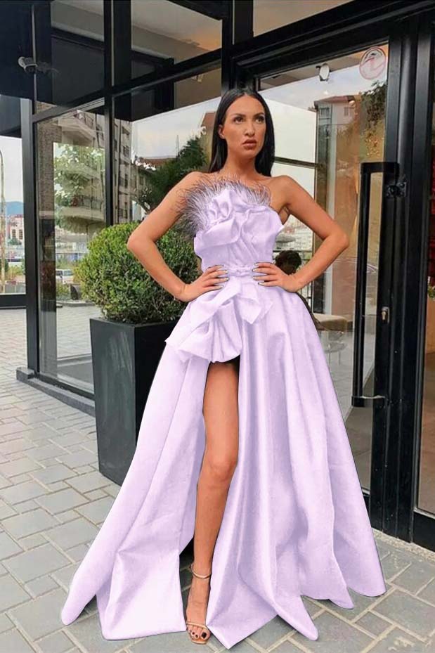 Black Long Split Prom Dress With Feather | Zelldresses