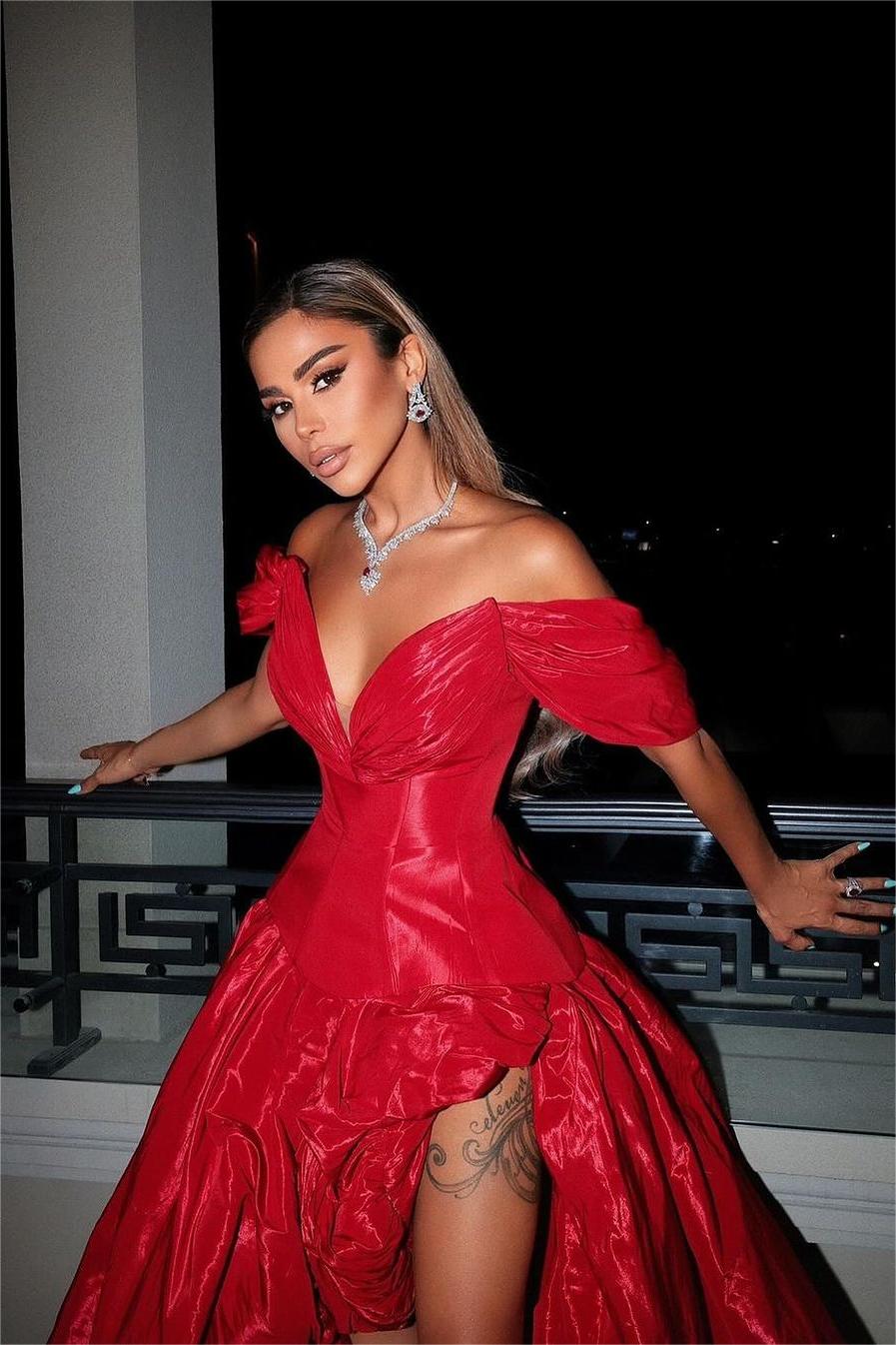 Hellodresses Chic Red Off the Shoulder V Neck A Line Long Split Prom Dress With Ruffles