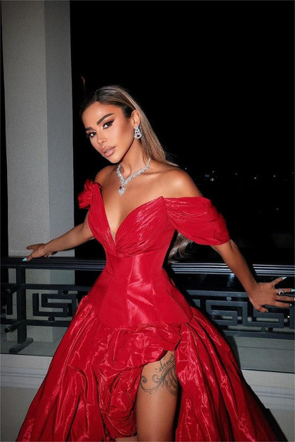 Hellodresses Chic Red Off the Shoulder V Neck A Line Long Split Prom Dress With Ruffles