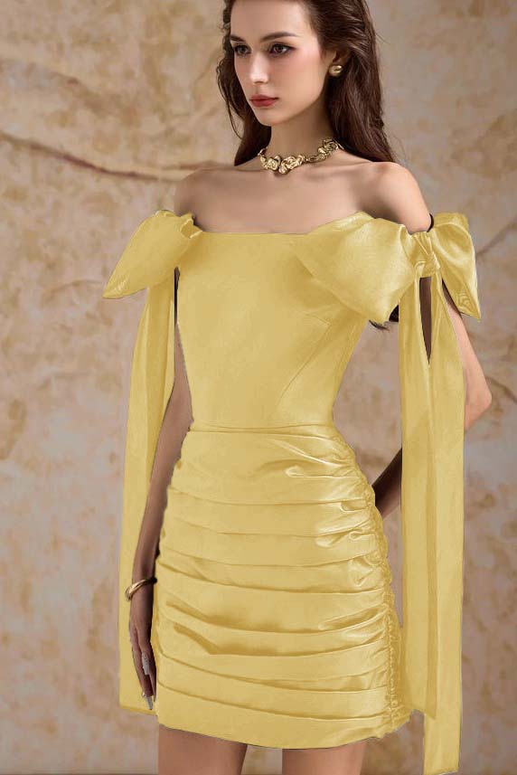 Off the Shoulder Sleeveless Short Homecoming Dress With Bowknot Pleated HC0188