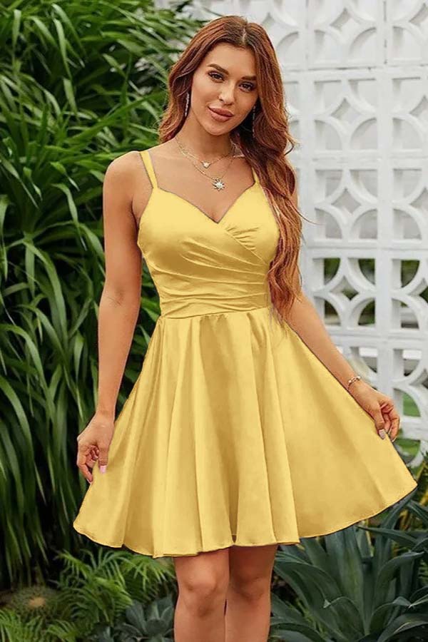 Pink Satin V Neck Spaghetti Strap Sleeveless Pleated Short Homecoming Dress YZTS072