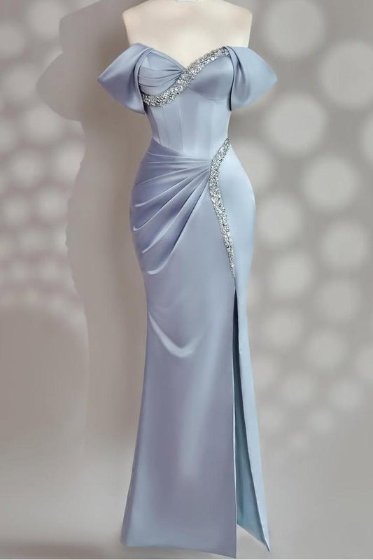 Charming Blue Satin Off the Shoulder Strapless Long Split Prom Dress with Beadings | Zelldresses