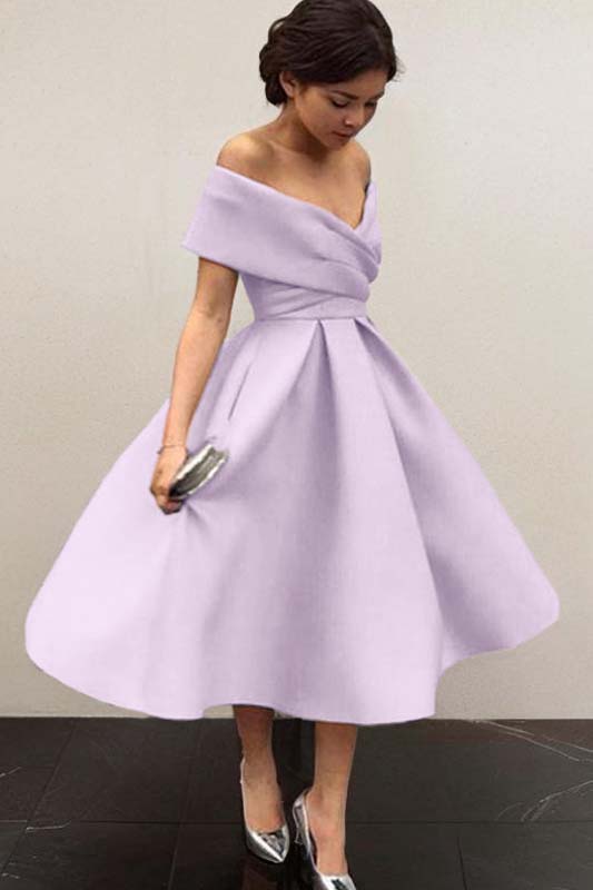 Sky Blue Satin V Neck Off the Shoulder Sleeveless A Line Homecoming Dress HC0043