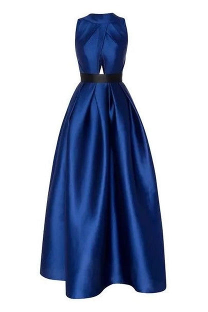 Exquisite Royal Blue Satin Halter Strapless Sleeveless A Line Prom Dress with Pleated | Zelldresses
