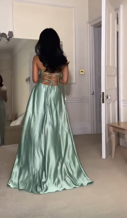 Stylish Spaghetti Straps Pink A Line Slit Bridesmaid Dress Long Prom Dress D962