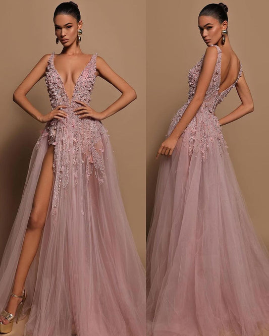 Hellodresses Gorgeous Tulle Deep V Neck Sleeveless Split Prom Dress with Beadings