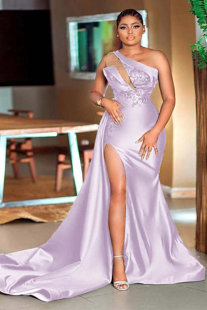 One-Shoulder Mermaid Sequins Green Prom Dress With Split | Zelldresses