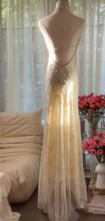 Elegant Sheath Halter Beaded Ivory Chiffon Open Back Party Dress Evening Dress SH2959