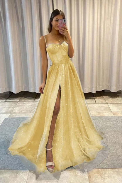 Spaghetti Strap Sleeveless Long Split Prom Dress With Sequins YC0151