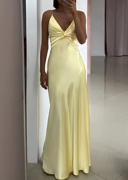 Vintage Yellow V-neck Mermaid Satin Spaghetti Strap Party Dress Evening Gown Bridesmaid Dress TP4297