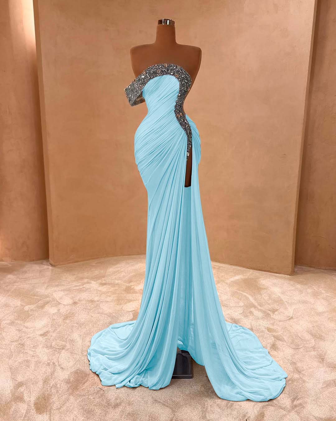 One Shoulder Sleeveless Long Split Prom Dress With Pleated Sequins ZC0079