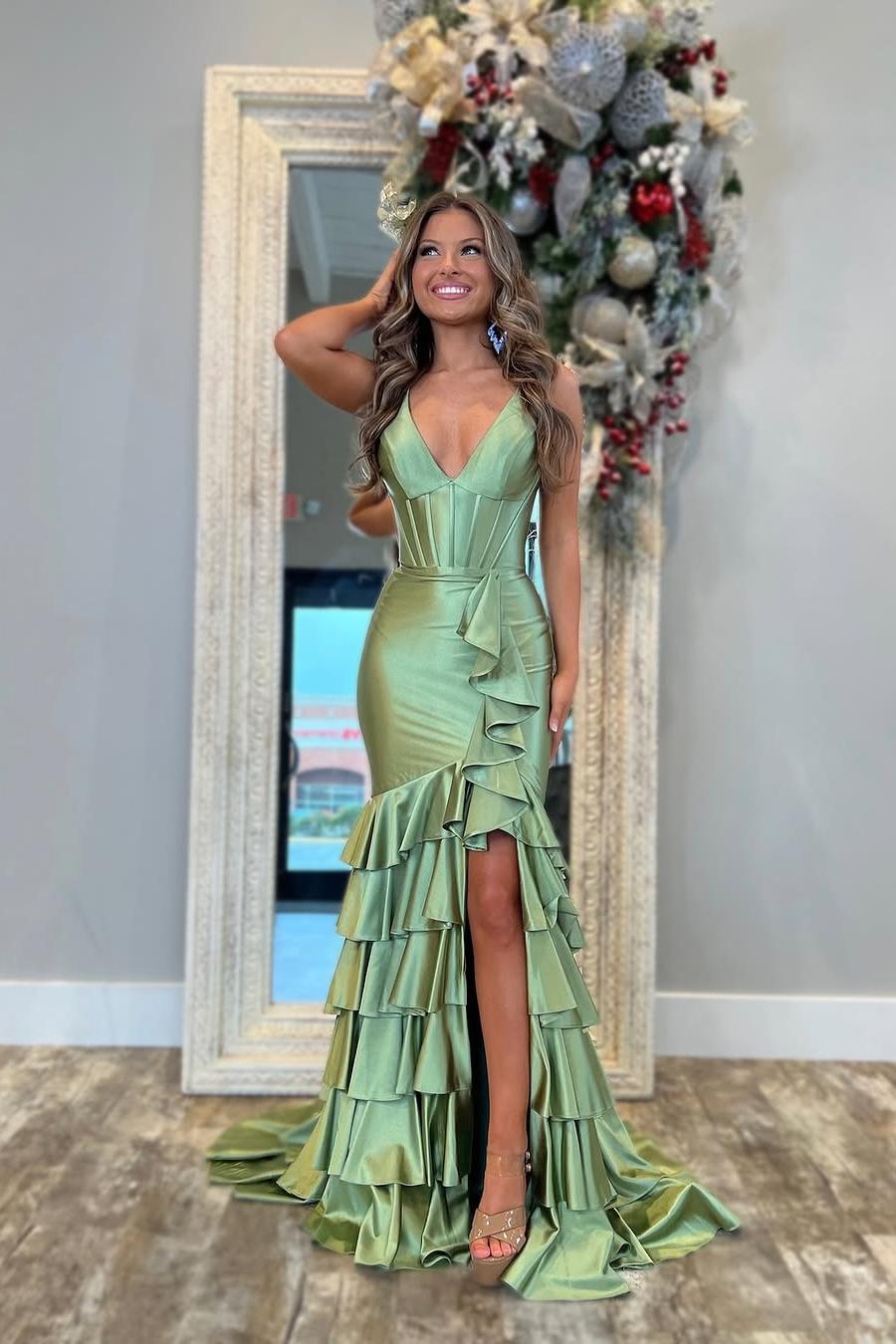 Charming Dusty Sage Satin Spaghtti Strap Sleeveless Long Split Prom Dress with Ruffles | Zelldresses