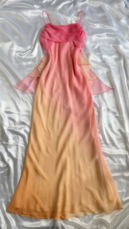 Unique A Line Spaghetti Strap Orange Pink Ombre Chiffon Evening Dress Party Dress SH2678
