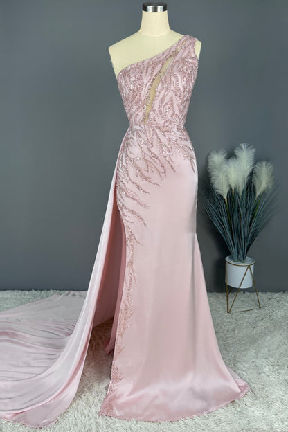 Blushing Pink Prom Dress Long Mermaid Sequins Sleeveless One Shoulder X0026