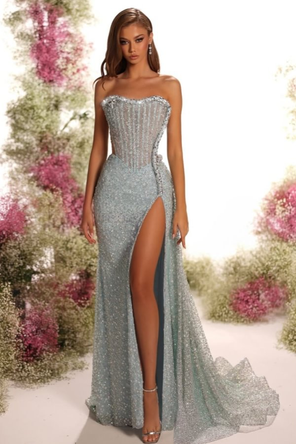Strapless Sleeveless Long Split Prom Dress With Pleated Sequins ZT0541