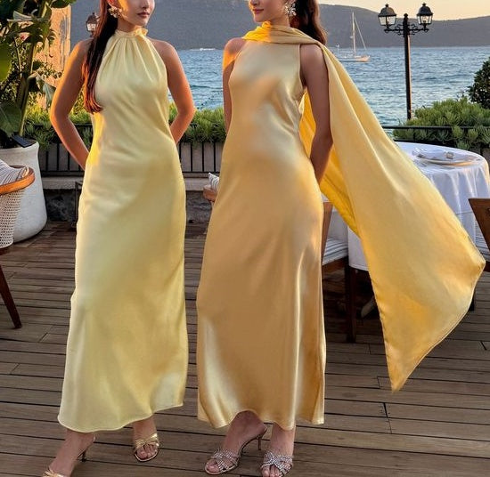zelldressess-Yellow Elegant Simple Long Chiffon Satin Bridesmaid Dress gh5954