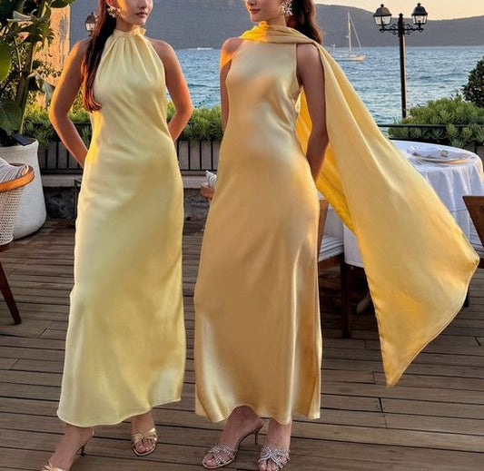 zelldressess-Yellow Elegant Simple Long Chiffon Satin Bridesmaid Dress gh5954