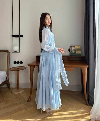 Playful Blue High-Neck Prom Dress Long Sleeves Pleated Floor Length CY0252
