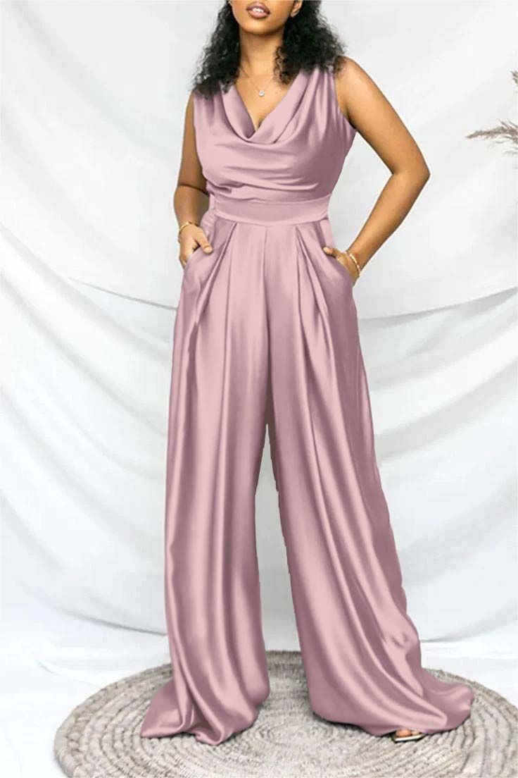 Hellodresses Exquisite Purple Satin V Neck Sleeveless Wid-Leg Long Jumpsuit with Pleated