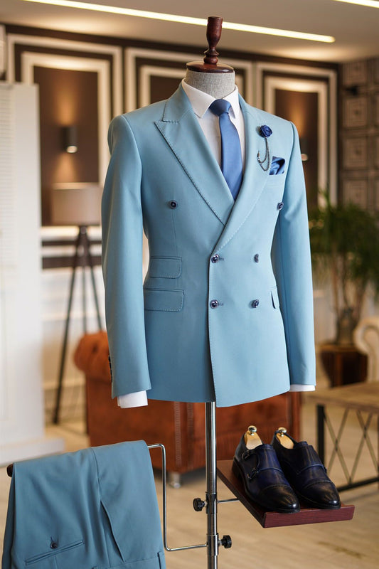 Unique Sky Blue Double Breasted Groom Suit With Peaked Lapel | Zelldresses