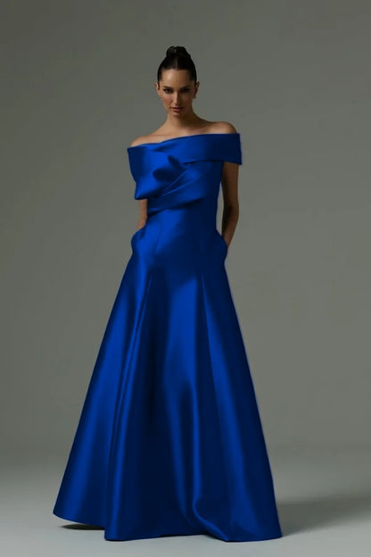Off the Shoulder Sleeveless Long Prom Dress With Pleated Pocket ZT0773