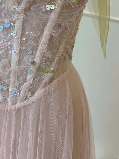 Sweet Pink A-line Suspenders Sequined Tulle Long Prom Dress Evening Dress Bridesmaid Dress P4049