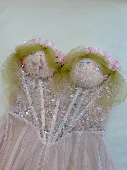 Sweet Pink A-line Suspenders Sequined Tulle Long Prom Dress Evening Dress Bridesmaid Dress P4049