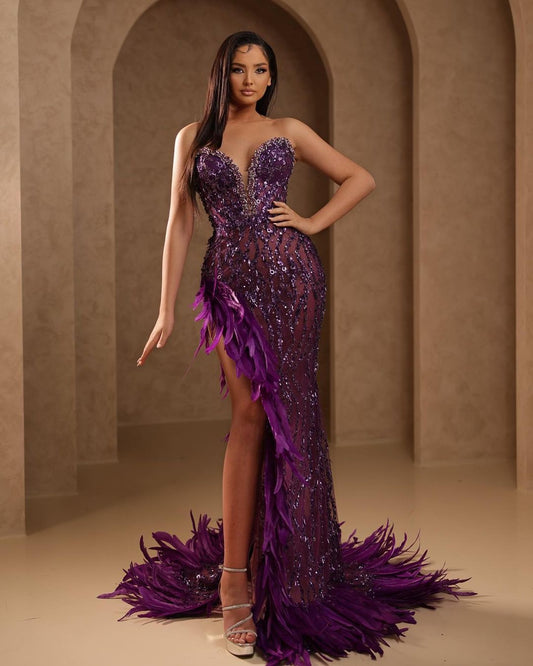 Hellodresses Sequins Purple Strapless Sweetheart Split Feather Prom Gown Dress