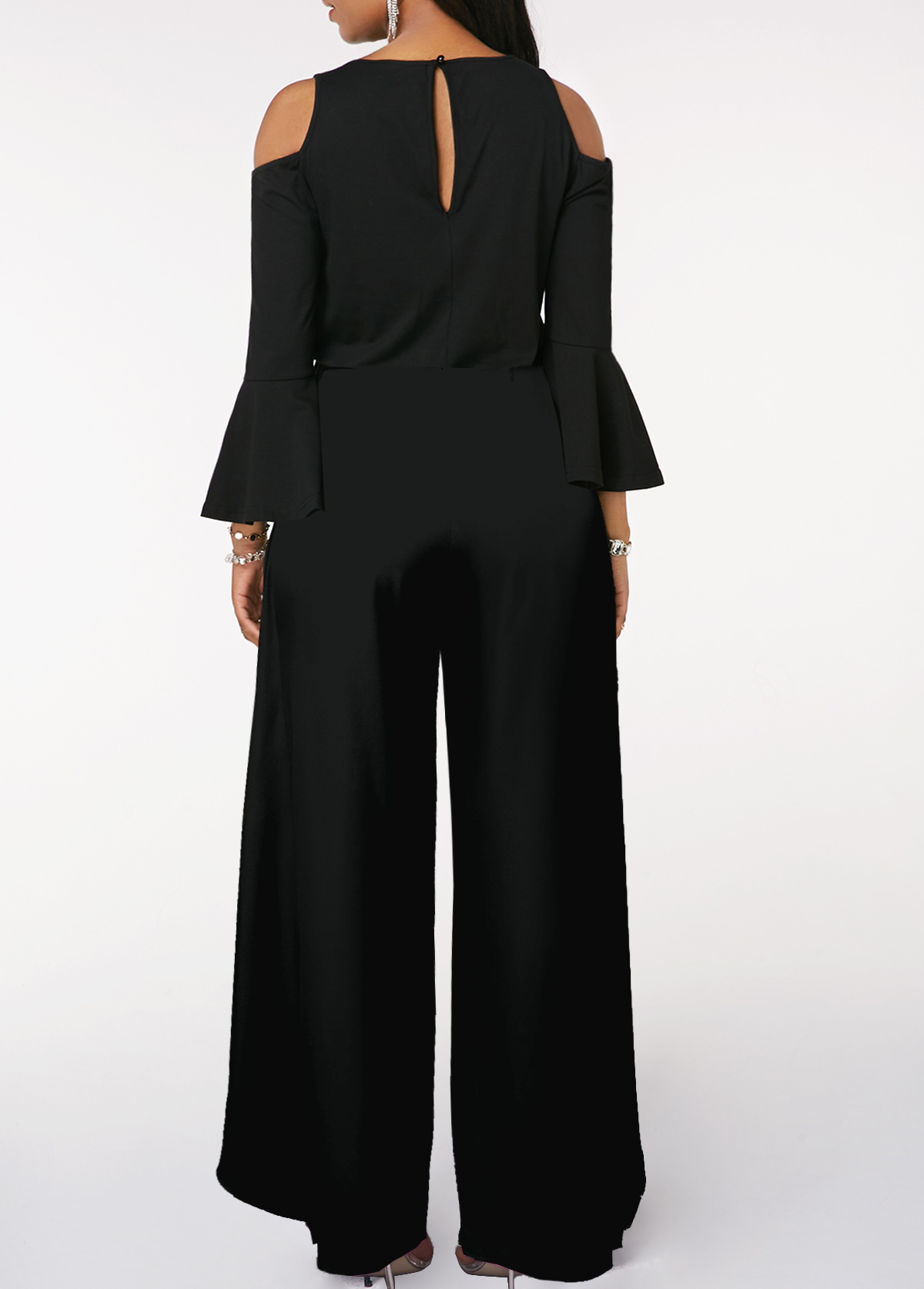 Hellodresses Black V Neck Ruffled Sleeves High Waist Split Wide Leg Jumpsuit with Beadings