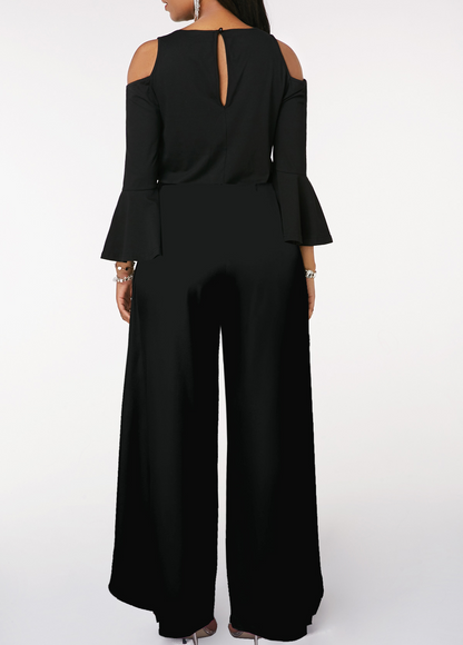 Hellodresses Black V Neck Ruffled Sleeves High Waist Split Wide Leg Jumpsuit with Beadings