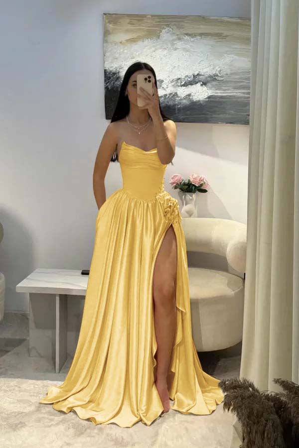 Elegant Pink Satin Strapless Beaded Sleeveless Pleated Split Prom Dress | Zelldresses