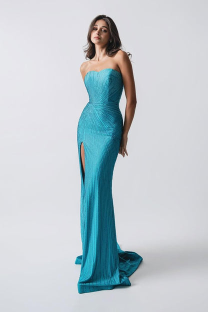 Strapless Sleeveless Sweetheart Long Split Prom Dress With Beading XJ0860