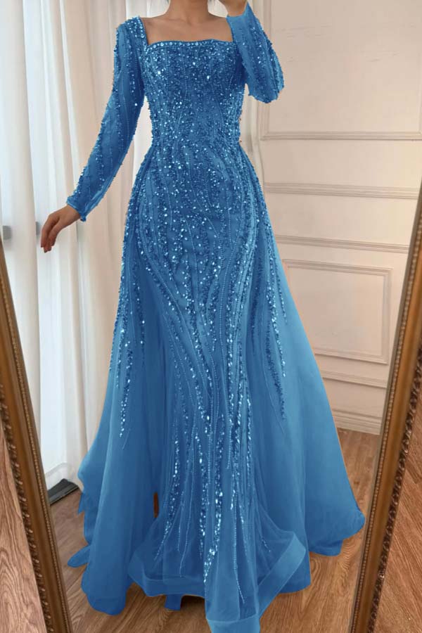Square Neck Long Sleeves Long Mermaid Prom Dress With Beading Tulle WQ0442