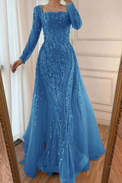 Square Neck Long Sleeves Long Mermaid Prom Dress With Beading Tulle WQ0442