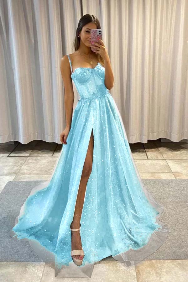 Spaghetti Strap Sleeveless Long Split Prom Dress With Sequins YC0151