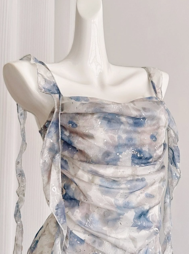 Gentle A Line Straps Blue Print Flower Chiffon Short Homecoming Dress Cocktail Dress SH3054