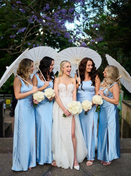 Gentle Sheath Strap Blue Satin Long Bridesmaid Dress Evening Dress with Slit SH2835