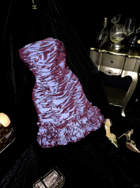 Charming Sheath Strapless Pleated Purple Satin Short Homecoming Dress Cocktail Dress SH3140