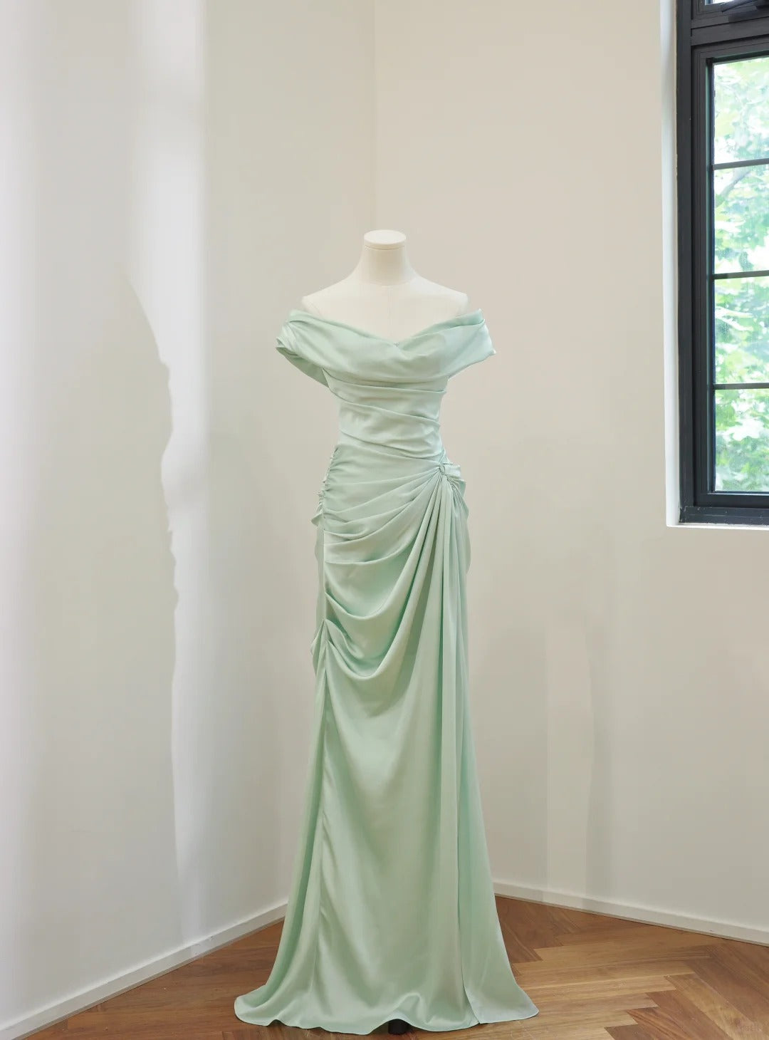 zelldressess-Mint Green Simple Fashion Off Shoulder Long Satin Prom Dress Evening Dress Party Dress Bridesmaid Dress gh5057