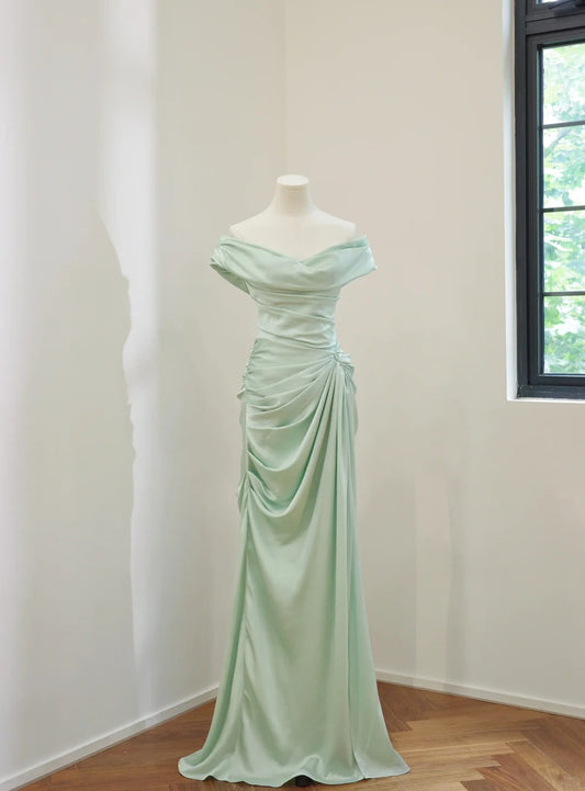 zelldressess-Mint Green Simple Fashion Off Shoulder Long Satin Prom Dress Evening Dress Party Dress Bridesmaid Dress gh5057