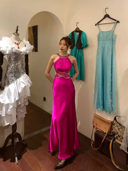Vintage Mermaid Halter Beaded Sequin Pink Satin Long Open Back Party Dress Cocktail Dress SH2947