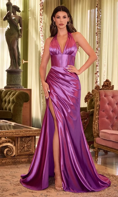 Halter Neck Sleeveless Long Mermaid Split Prom Dress With Pleated LY0640